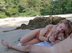 Spanish blonde sucking cock on deserted beach