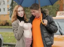 Fake Driving School – Redhead Distracts with no bra on